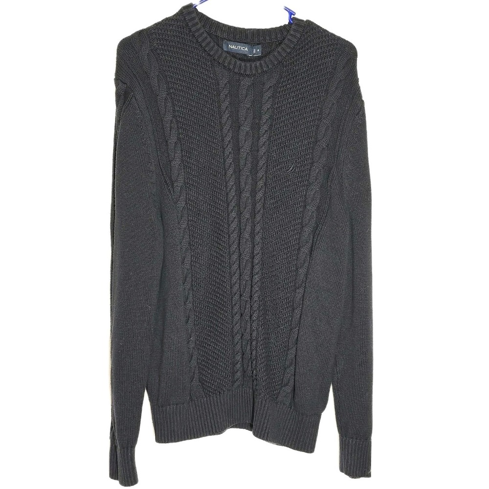 🧥 Nautica Men's Cable Knit Sweater Size‎ M Navy Blue Classic Preppy EUC